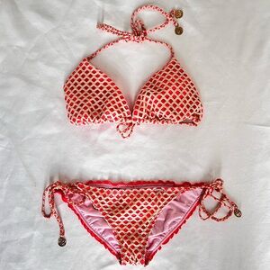 Luli Fama red crochet mesh triangle bikini set rushed back